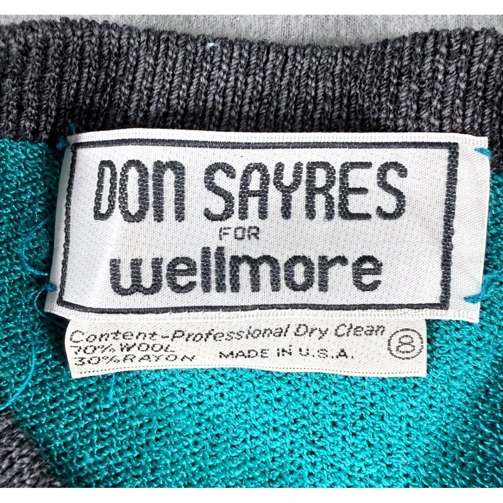 VTG 80s Don Sayres Wellmore Cardigan Wool Rayon USA Teal Gray Womens M Americana - Picture 6 of 9